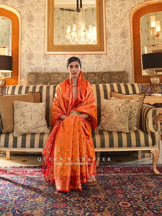 Orange Fancy Silk Saree. - Panaash Saree