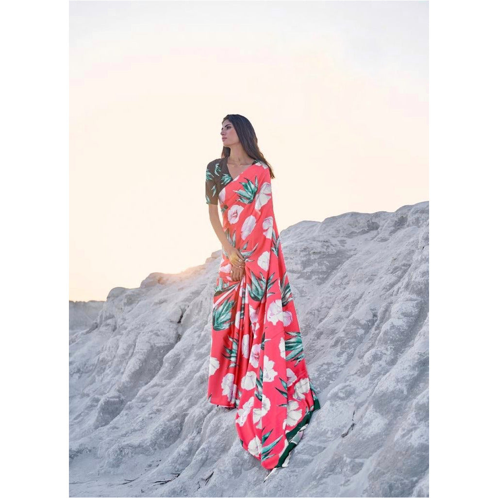 Pink Floral Satin Saree – StylebyPanaaash