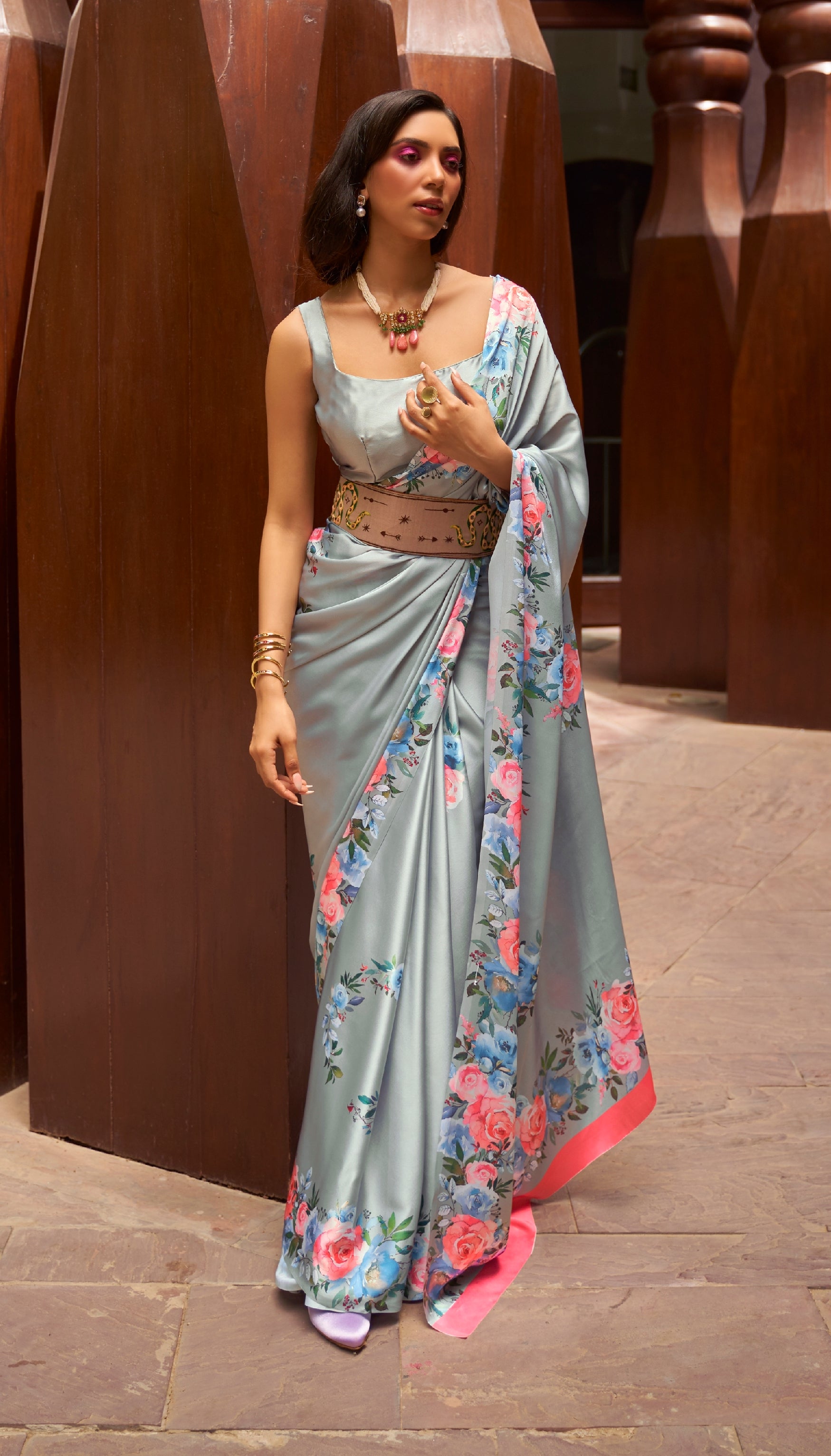 Pink & Orange Satin Silk Saree