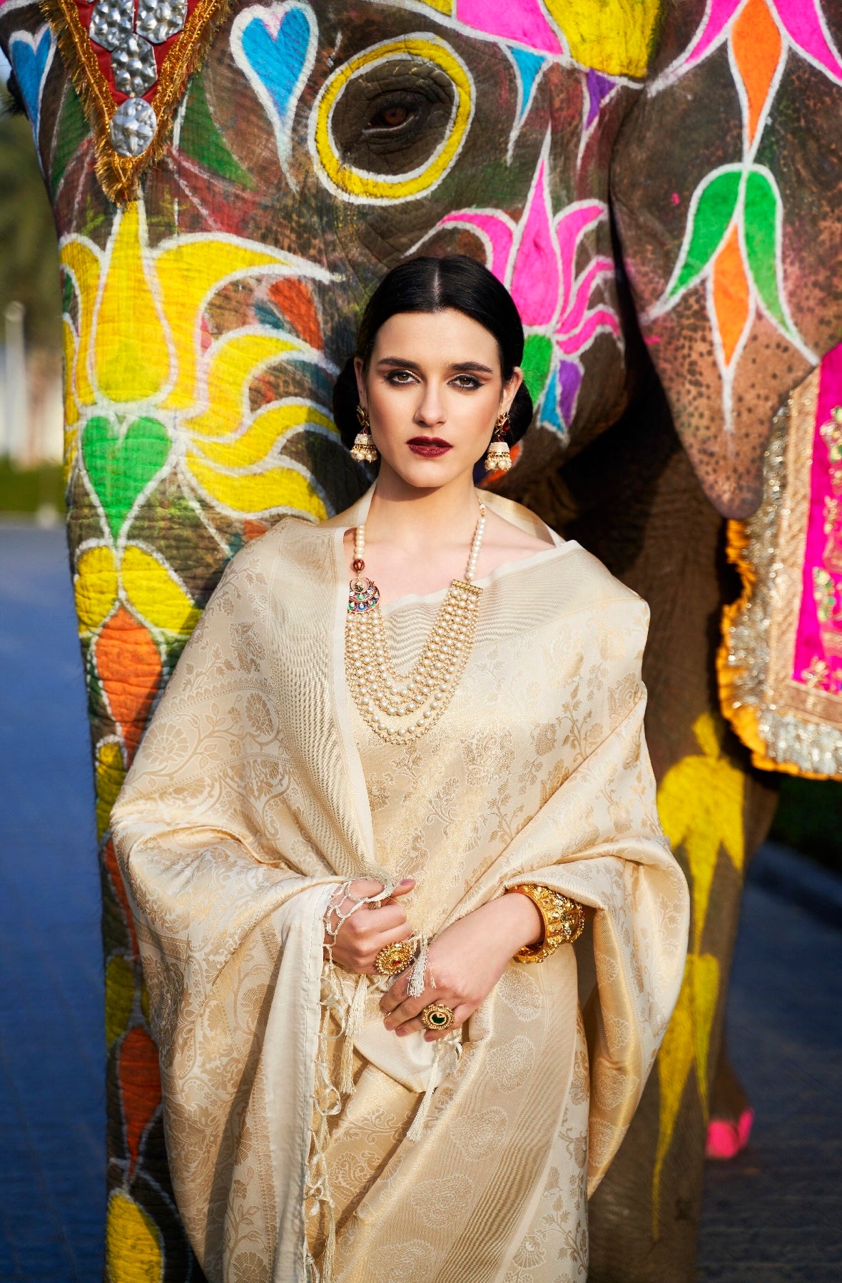 Off White Brocade Banarasi Silk Saree. - Panaash Saree