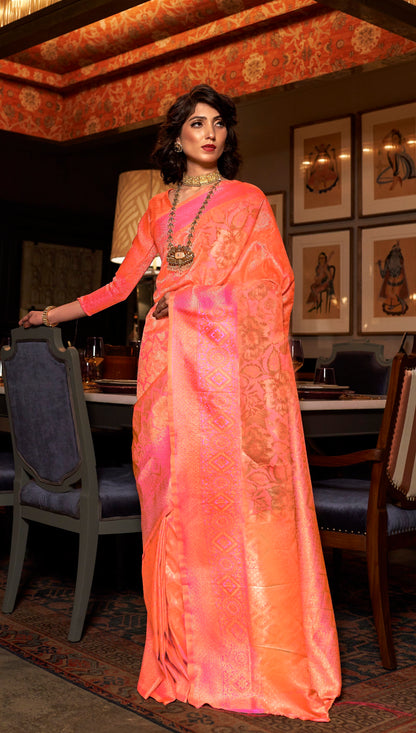 A Very Classy Peach Pink Kanjivaram Silk Saree. - Panaash Saree