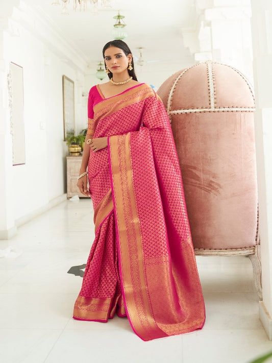 Beautiful Pink Brocade Kanjivaram Silk Saree. - Panaash Saree