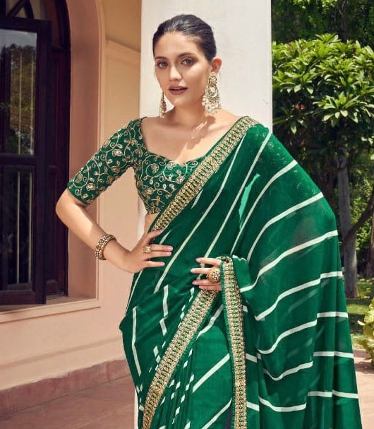 Leaf Green Woven Banarasi Silk Saree With Contrast Blouse | Kolour