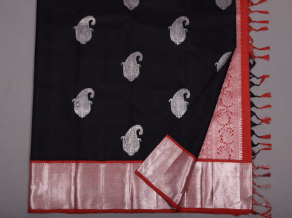Black & Red Handmade Kanchipuram Pure Silk Saree - Panaash Saree