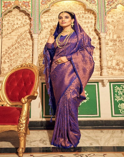 Blue Brocade Banarasi Silk Saree With Copper Zari - Panaash Saree