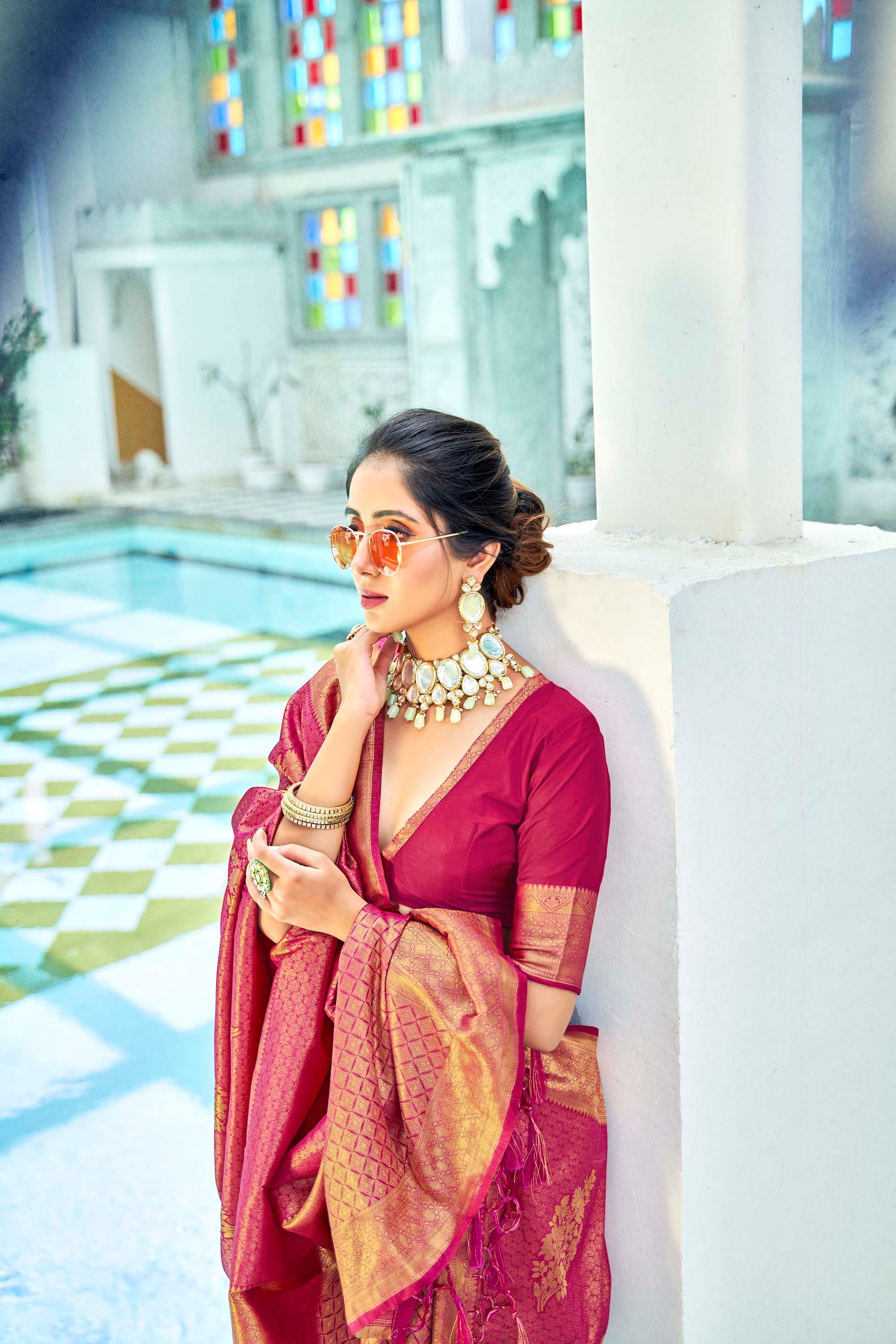Hot Pink and Golden Blend Kanjivaram Soft Woven Silk Saree – Ethnos